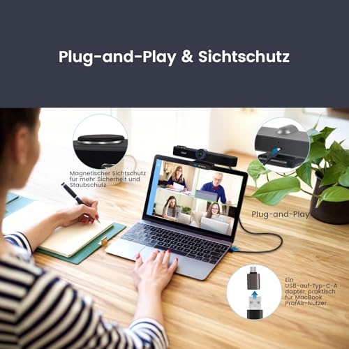 TONGVEO KI-Autotracking 4K Webcam mit Mikrofonen und Lautsprecher, 5-facher Digitalzoom ePTZ Webkamera mit Fernbedienung und Zwei mikrofonen, Konferenz-Webcam für Zoom, Skype, OBS, YouTube Bild 6