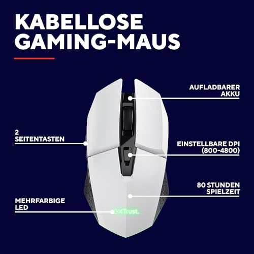 GXTrust 1108W Vylax Wiederaufladbare Kabellose Gaming Maus, 80 Stunden Akkulaufzeit, Verstaubarer USB Empfänger, 800-4800 DPI, LED Beleuchtung, 6 Tasten, Wireless Mouse für PC Laptop, Weiß Bild 2
