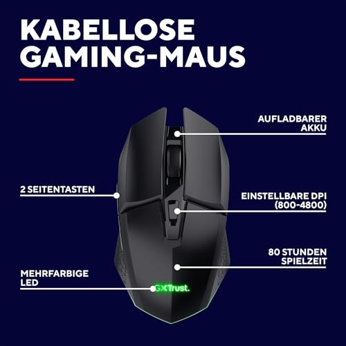 GXTrust 1108 Vylax Wiederaufladbare Kabellose Gaming Maus, 80 Stunden Akkulaufzeit, Verstaubarer USB Empfänger, 800-4800 DPI, LED Beleuchtung, 6 Tasten, Wireless Mouse für PC Laptop, Schwarz Bild 2