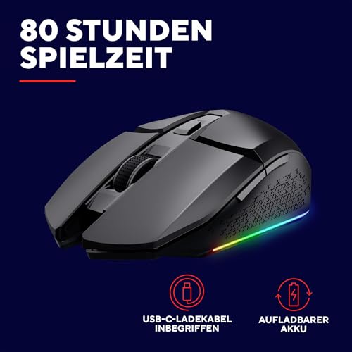 GXTrust 1108 Vylax Wiederaufladbare Kabellose Gaming Maus, 80 Stunden Akkulaufzeit, Verstaubarer USB Empfänger, 800-4800 DPI, LED Beleuchtung, 6 Tasten, Wireless Mouse für PC Laptop, Schwarz Bild 3