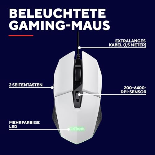 GXTrust 1109W Vylax Gaming Maus mit 6 Programmierbare Tasten, Mehrfarbige LED Beleuchtung, 200-6400 DPI, USB Kabel 150 cm, PC Maus mit Integrierte Software für Computer Laptop, Weiß Bild 2