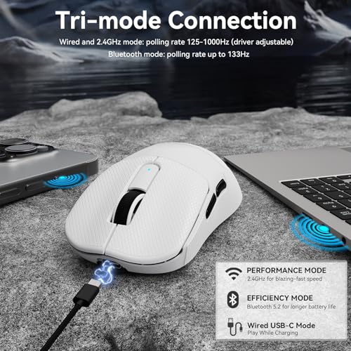 MAMBASNAKE M3 39g SUPERLEICHTE Kabellose Gaming-Maus mit Spiralkabel, PixArt PAW3395PRO-Sensor, Bis zu 40000DPI, BT/2,4G Kabellos/Kabelgebunden, 100Mio. Klicks Mikroschalter, für PC/Xbox/PS/Mac (Weiß) Bild 5