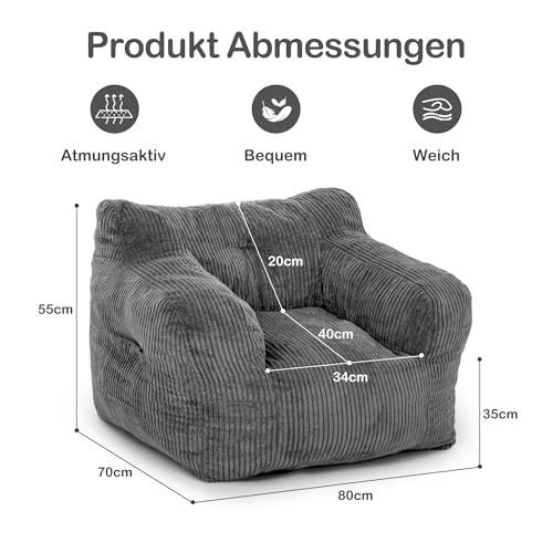 Pamapic Sitzsack, Sitzsack Erwachsene mit Füllung, Bean Bag Chair mit Tragbarem Griff, Modernes Ergonomisches Bean Bag, Indoor Sitzsäcke Stuhl für Wohnzimmer, Schlafzimmer, Spielzimmer, Grau Bild 3