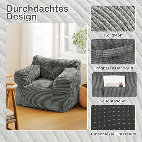 Pamapic Sitzsack, Sitzsack Erwachsene mit Füllung, Bean Bag Chair mit Tragbarem Griff, Modernes Ergonomisches Bean Bag, Indoor Sitzsäcke Stuhl für Wohnzimmer, Schlafzimmer, Spielzimmer, Grau Bild 4