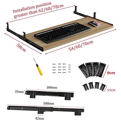 Tastaturablage unter dem Schreibtisch mit 36 cm Schienen, platzsparende Schublade für Tastatur und Maus, 54 cm L x 27 cm B, Teakholz-Finish, einfache Installation für Home Office und Gaming Setup. Bild 2