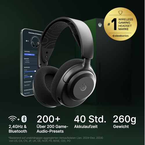 SteelSeries Arctis Nova 3X Wireless Gaming-Headset – App-Steuerung – 40 Std. Akku – Neodym-Magnet-Treiber – 2,4 GHz/Bluetooth – Abnehmbares Mikrofon – Xbox, PS5, PC, Switch, Mobilgeräte - Schwarz Bild 2