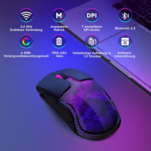 Gaming Maus Kabellos, 12K DPI, 2,4g/USB-C/Bluetooth 5.3 Gaming Mouse, GroßE RGB-Hintergrundbeleuchtung, 6 Programmierbare Tasten 75 Stunden Akkulaufzeit, Leichtgewicht, für PC, Mac, Laptop, Schwarz Bild 2