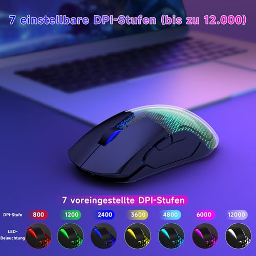 Gaming Maus Kabellos, 12K DPI, 2,4g/USB-C/Bluetooth 5.3 Gaming Mouse, GroßE RGB-Hintergrundbeleuchtung, 6 Programmierbare Tasten 75 Stunden Akkulaufzeit, Leichtgewicht, für PC, Mac, Laptop, Schwarz Bild 3