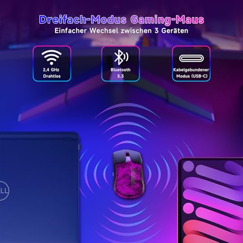 Gaming Maus Kabellos, 12K DPI, 2,4g/USB-C/Bluetooth 5.3 Gaming Mouse, GroßE RGB-Hintergrundbeleuchtung, 6 Programmierbare Tasten 75 Stunden Akkulaufzeit, Leichtgewicht, für PC, Mac, Laptop, Schwarz Bild 4