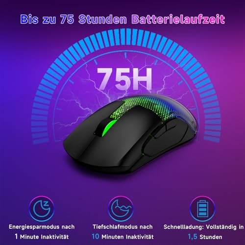 Gaming Maus Kabellos, 12K DPI, 2,4g/USB-C/Bluetooth 5.3 Gaming Mouse, GroßE RGB-Hintergrundbeleuchtung, 6 Programmierbare Tasten 75 Stunden Akkulaufzeit, Leichtgewicht, für PC, Mac, Laptop, Schwarz Bild 5