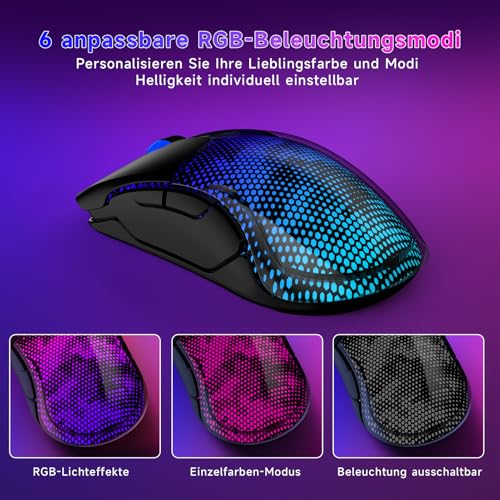 Gaming Maus Kabellos, 12K DPI, 2,4g/USB-C/Bluetooth 5.3 Gaming Mouse, GroßE RGB-Hintergrundbeleuchtung, 6 Programmierbare Tasten 75 Stunden Akkulaufzeit, Leichtgewicht, für PC, Mac, Laptop, Schwarz Bild 6
