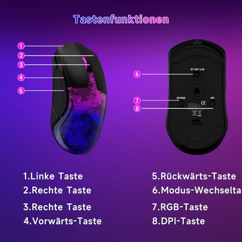 Gaming Maus Kabellos, 12K DPI, 2,4g/USB-C/Bluetooth 5.3 Gaming Mouse, GroßE RGB-Hintergrundbeleuchtung, 6 Programmierbare Tasten 75 Stunden Akkulaufzeit, Leichtgewicht, für PC, Mac, Laptop, Schwarz Bild 7