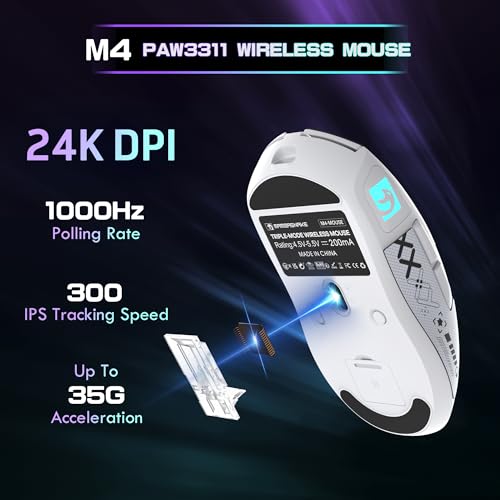 MAMBASNAKE M4 Ultra-Leichte Kabellose Gaming-Maus, 53g, PAW3311 Sensor, 24000 DPI, Tri-Mode Bluetooth/2.4G/Kabel, RGB-Beleuchtung, 400mAh Akku, 20M Klicks, für Gaming/Arbeit - Weiß&Aufkleber Bild 2