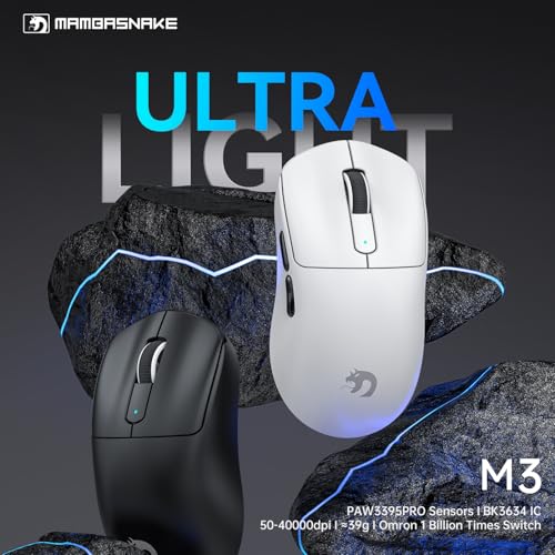 MAMBASNAKE M3 39g Superlight Mouse, PixArt PAW3395PRO Gaming Sensor, BT/2.4G Wireless/Wired Gaming Mouse, 6 Adjustable DPI up to 40000, 200 Hrs Battery, Office Mice for Win11/Xbox/PS/Mac (White) Bild 2
