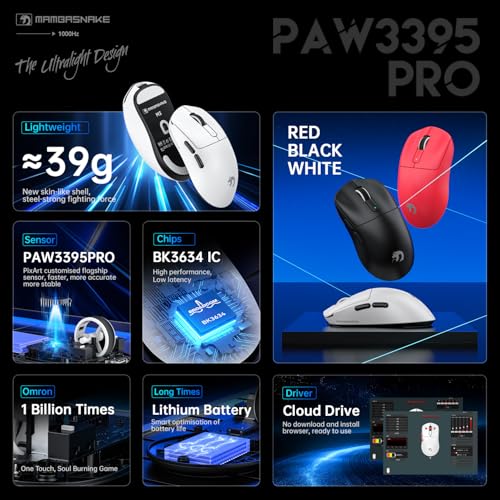 MAMBASNAKE M3 39g Superlight Mouse, PixArt PAW3395PRO Gaming Sensor, BT/2.4G Wireless/Wired Gaming Mouse, 6 Adjustable DPI up to 40000, 200 Hrs Battery, Office Mice for Win11/Xbox/PS/Mac (White) Bild 3