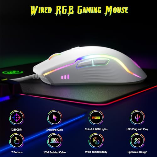 memzuoix Gaming Maus mit Kabel und LED-Lichtern – 12.800 DPI einstellbar, 6 Tasten, 12 RGB-Modi, Ergonomisches Rutschfestes Scrollrad – Kompatibel mit Windows/Mac Bild 2