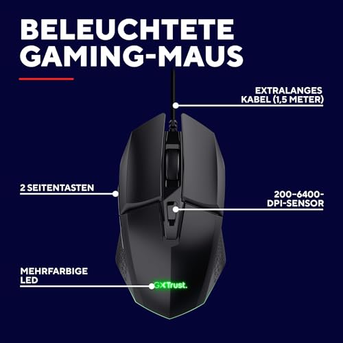 GXTrust 1109 Vylax Gaming Maus mit 6 Programmierbare Tasten, Mehrfarbige LED Beleuchtung, 200-6400 DPI, USB Kabel 150 cm, PC Maus mit Integrierte Software für Computer Laptop, Schwarz Bild 2