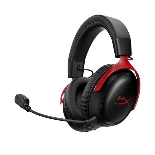 HyperX Cloud III S – Kabelloses Gaming-Headset, Multiplattform, 2,4 GHz, Bluetooth, Akkulaufzeit bis zu 120 Stunden, 2,4 GHz, 53-mm-Neigungstreiber, 10-mm-abnehmbares Mikrofon – Schwarz-Rot Bild 1