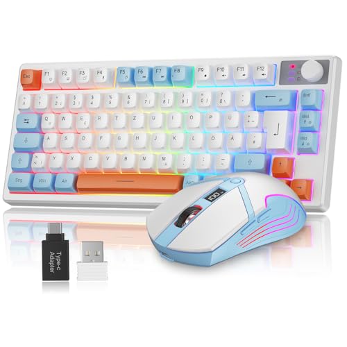 75% Tastatur und Maus Set Kabelloses, QWERTZ DE Layout Kompakte Gaming Tastatur mit Lautstärkeregler, Wiederaufladbare RGB Maus mit Akkuanzeige, Für PC Mac Xbox PS5 Bild 1