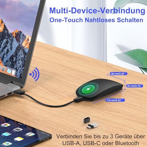 Kabellose Bluetooth Maus für iPad Pro/MacBook/Laptop/PC/Computer, Wiederaufladbare Maus Kabellos mit Jiggler Mouse beweger, 3 Adjustable DPI Level Tragbare schlanke leise Büromäuse - Schwarz Bild 2