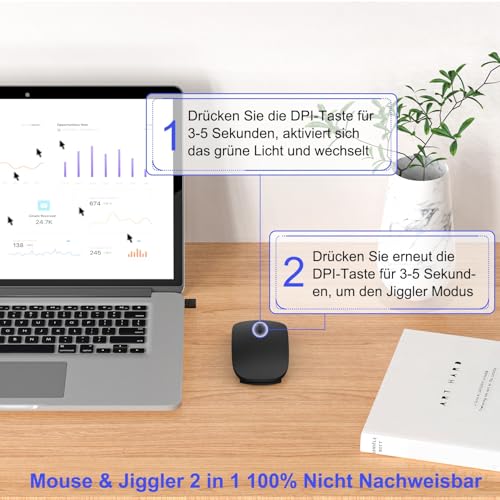 Kabellose Bluetooth Maus für iPad Pro/MacBook/Laptop/PC/Computer, Wiederaufladbare Maus Kabellos mit Jiggler Mouse beweger, 3 Adjustable DPI Level Tragbare schlanke leise Büromäuse - Schwarz Bild 4