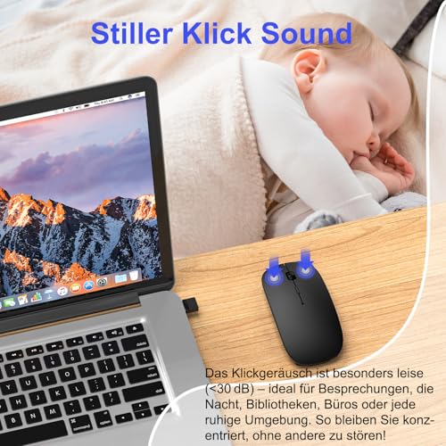 Kabellose Bluetooth Maus für iPad Pro/MacBook/Laptop/PC/Computer, Wiederaufladbare Maus Kabellos mit Jiggler Mouse beweger, 3 Adjustable DPI Level Tragbare schlanke leise Büromäuse - Schwarz Bild 5