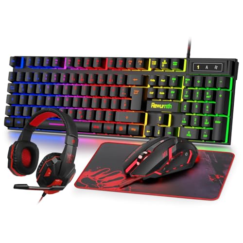 Gaming Tastatur und Maus Set mit Headset, QWERTZ DE Layout, RGB Beleuchtete Tastatur, 4 Farben LED Gaming Maus, Over-Ear Kopfhörer, Große Mausmatte, USB Kabelgebundene für PC Mac PS5 Xbox Bild 1