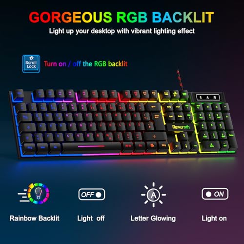 Gaming Tastatur und Maus Set mit Headset, QWERTZ DE Layout, RGB Beleuchtete Tastatur, 4 Farben LED Gaming Maus, Over-Ear Kopfhörer, Große Mausmatte, USB Kabelgebundene für PC Mac PS5 Xbox Bild 3