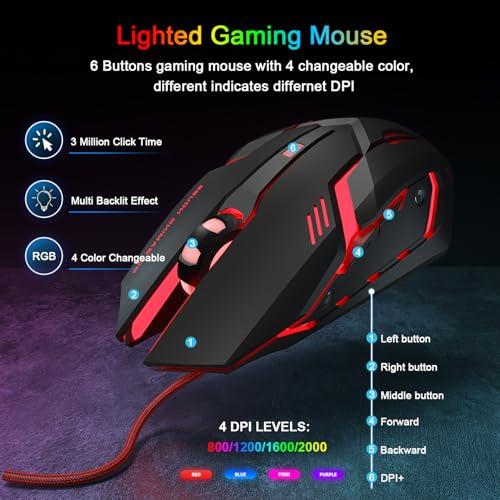 Gaming Tastatur und Maus Set mit Headset, QWERTZ DE Layout, RGB Beleuchtete Tastatur, 4 Farben LED Gaming Maus, Over-Ear Kopfhörer, Große Mausmatte, USB Kabelgebundene für PC Mac PS5 Xbox Bild 4