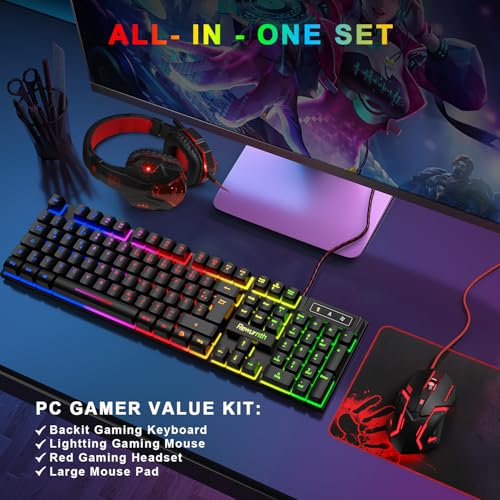 Gaming Tastatur und Maus Set mit Headset, QWERTZ DE Layout, RGB Beleuchtete Tastatur, 4 Farben LED Gaming Maus, Over-Ear Kopfhörer, Große Mausmatte, USB Kabelgebundene für PC Mac PS5 Xbox Bild 7