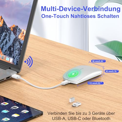 Mouse Wireless Bluetooth per MacBook Pro/Air/Mac/iPad/Laptop/Desktop/Mac/PC/Computer/telefono – Mouse da ufficio portatile sottile e silenzioso Con adattatore USB-C da 2,4 GHz Senza fili Bild 2