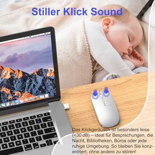 Mouse Wireless Bluetooth per MacBook Pro/Air/Mac/iPad/Laptop/Desktop/Mac/PC/Computer/telefono – Mouse da ufficio portatile sottile e silenzioso Con adattatore USB-C da 2,4 GHz Senza fili Bild 5