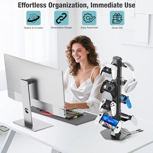 Controller Halter & Headset Halterung für Tisch, mit Ladekabel Organizer Kopfhörer Halter für Xbox/PS5/PS4/Switch, universelle Aufbewahrung Ständer, Controller, Telefone Interactive Gaming Figuren Bild 6