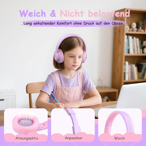 TONOSHARK Kinderkopfhörer mit Kabel Klappbar, mit Mikrofon, Kopfhörer Kinder Gehörschutz auf 85/94 dB, Kopfhörer Mädchen, Faltbares, Klinkenkabel 3,5 (Violett) Bild 2