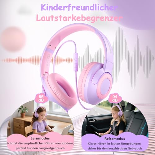 TONOSHARK Kinderkopfhörer mit Kabel Klappbar, mit Mikrofon, Kopfhörer Kinder Gehörschutz auf 85/94 dB, Kopfhörer Mädchen, Faltbares, Klinkenkabel 3,5 (Violett) Bild 3