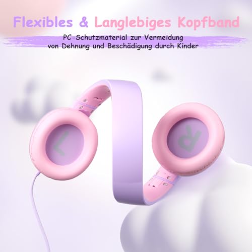 TONOSHARK Kinderkopfhörer mit Kabel Klappbar, mit Mikrofon, Kopfhörer Kinder Gehörschutz auf 85/94 dB, Kopfhörer Mädchen, Faltbares, Klinkenkabel 3,5 (Violett) Bild 4
