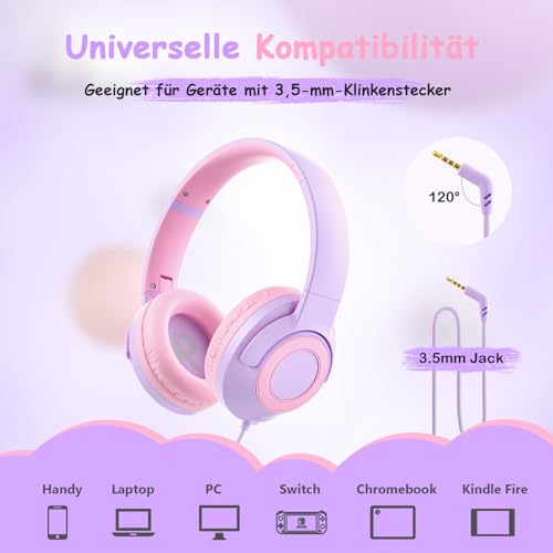 TONOSHARK Kinderkopfhörer mit Kabel Klappbar, mit Mikrofon, Kopfhörer Kinder Gehörschutz auf 85/94 dB, Kopfhörer Mädchen, Faltbares, Klinkenkabel 3,5 (Violett) Bild 6
