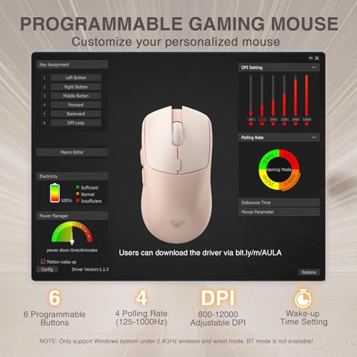 AULA SC580 Gaming Maus Kabellos,2.4GHz/USB-C/BT5.0 Wireless Gaming Mouse,12000DPI,6 Programmierbare Tasten,Kabellose Maus für PC/MAC Gamer (Milchkaffee) Bild 5