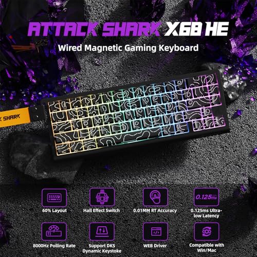 ATTACK SHARK X68 HE Kabelgebundene Magnetische Tastatur mit X3 Kabelloser Gaming-Maus-Kombination, 8KHz Rapid Trigger Tastatur, 0,01 mm RT-Präzision, 49g Maus, PAW3395, 26000 DPI – Schwarze Konturen Bild 2