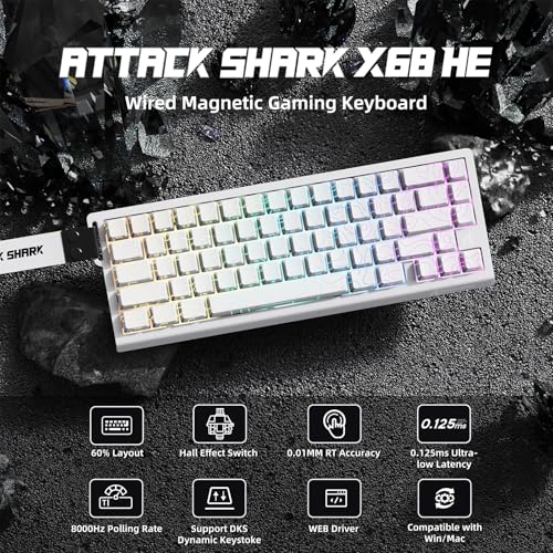 ATTACK SHARK X68 HE Kabelgebundene Magnetische Tastatur mit X3 Kabelloser Gaming-Maus-Kombination, 8KHz Rapid Trigger Tastatur, 0,01 mm RT-Präzision, Leichte Maus, PAW3395, 26000 DPI – Weiße Konturen Bild 2
