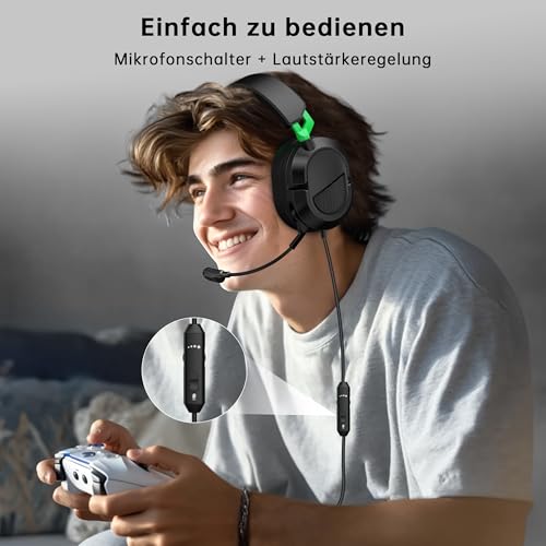 syndesmos Gaming-Headset für PS5, PS4, PC, Xbox, Nintendo Switch, Headset mit Mikrofon, Stereo-Surround-Sound Gaming Kopfhörer mit Kabel, Noise-Cancelling, 3,5 mm Over-Ear-Kopfhörer Schwarz+Grün Bild 4