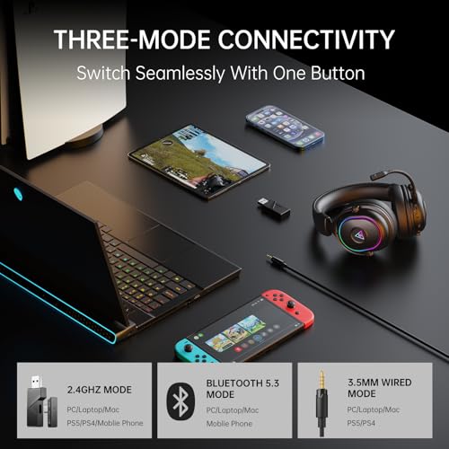 EKSA 2,4GHz Wireless Gaming Headset für PS5/PS4/PC/Switch/Mac, Bluetooth 5.3 Gaming Kopfhörer Kabellos mit Mikrofon, 30ms Latenz, 80 Stunden Akkulaufzeit, RGB, USB PC Headset Bild 7
