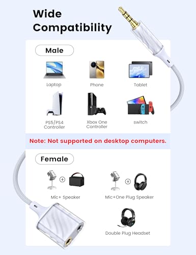 MOSWAG Kopfhörer Adapter, Kopfhörer Mic Splitter Adapter, 3.5mm Stecker auf Doppel 3.5mm Klinkenstecker (Headset und Mikrofon) für Laptop, PS4, PC Tablet Gaming und Gaming Headset Bild 3