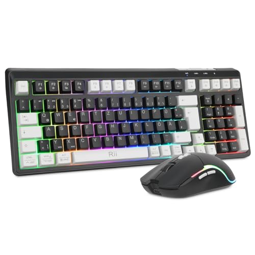 Rii Maus und Tastatur Kabellos Gaming, Tastatur Maus Set, Bluetooth + 2,4GHz Verbindung, LED-Hintergrundbeleuchtung, Wiederaufladbare, QWERTZ Bild 1
