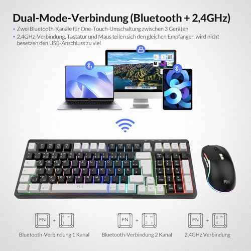 Rii Maus und Tastatur Kabellos Gaming, Tastatur Maus Set, Bluetooth + 2,4GHz Verbindung, LED-Hintergrundbeleuchtung, Wiederaufladbare, QWERTZ Bild 2