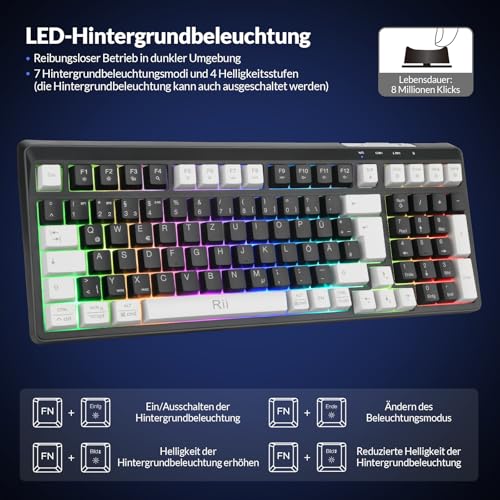 Rii Maus und Tastatur Kabellos Gaming, Tastatur Maus Set, Bluetooth + 2,4GHz Verbindung, LED-Hintergrundbeleuchtung, Wiederaufladbare, QWERTZ Bild 3