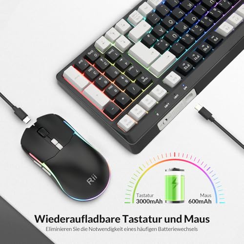 Rii Maus und Tastatur Kabellos Gaming, Tastatur Maus Set, Bluetooth + 2,4GHz Verbindung, LED-Hintergrundbeleuchtung, Wiederaufladbare, QWERTZ Bild 5