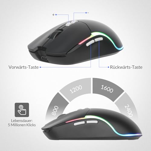 Rii Maus und Tastatur Kabellos Gaming, Tastatur Maus Set, Bluetooth + 2,4GHz Verbindung, LED-Hintergrundbeleuchtung, Wiederaufladbare, QWERTZ Bild 6