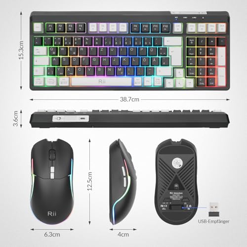 Rii Maus und Tastatur Kabellos Gaming, Tastatur Maus Set, Bluetooth + 2,4GHz Verbindung, LED-Hintergrundbeleuchtung, Wiederaufladbare, QWERTZ Bild 7