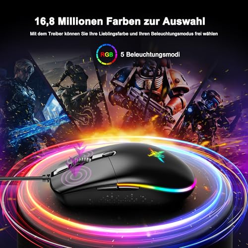 TECKNET RGB Gaming Maus Kabelgebundene, 10000 DPI, 6 programmierbaren Tasten, 10 Millionen Klicks Lebensdauer, Ergonomische USB Gaming Maus mit Kabel für PC Kohlenstoff-Schwarz Bild 2